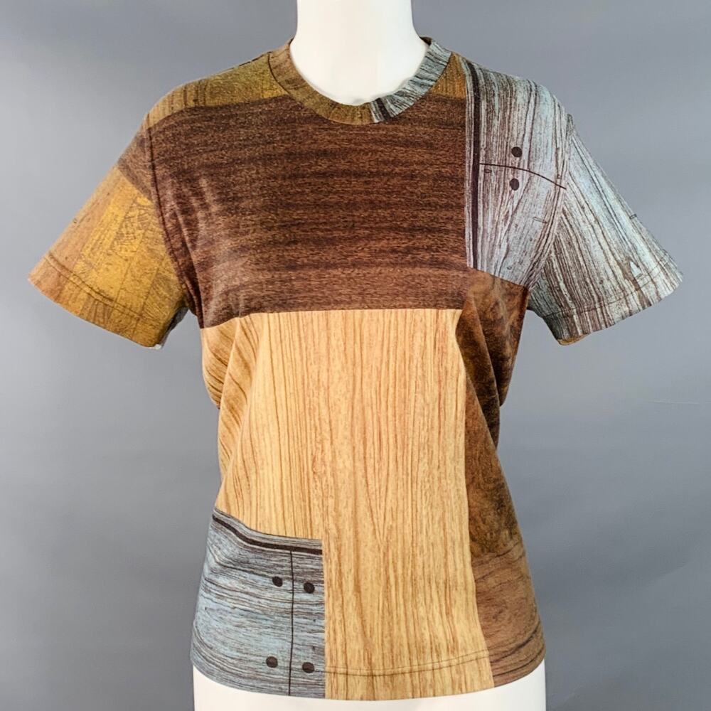 Vintage 1980s Size M Brown Blue Polyester Blend Patchwork Wood Grain T-Shirt